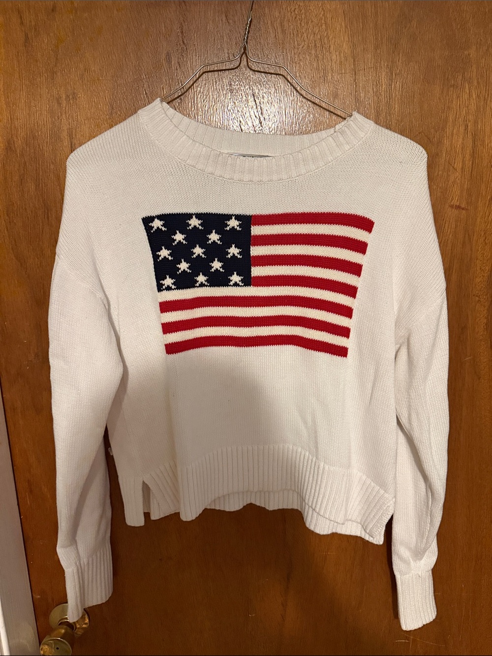 Womens Old Navy White Knit Sweater with Red & Blue Flag Motif